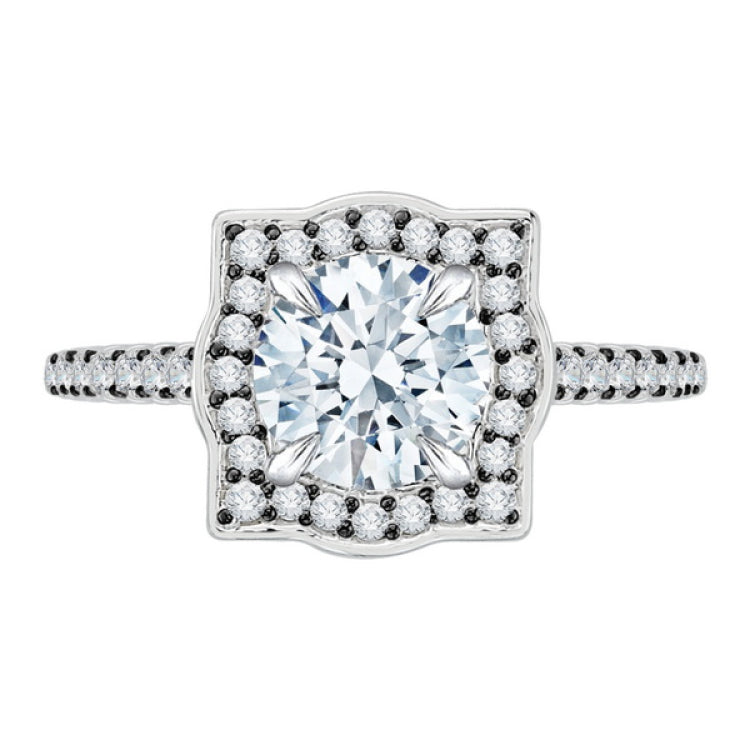Black and White Rhodium Tips Diamond Halo Vintage Engagement Ring in 14K White Gold (Semi-Mount)