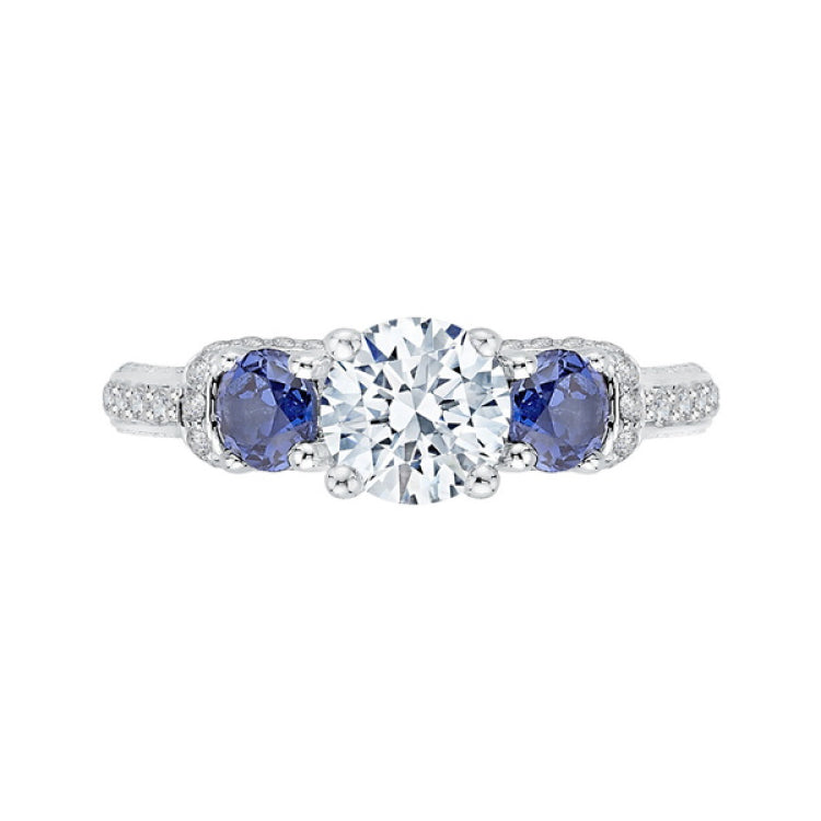 Euro Shank Round Diamond and Sapphire Three-Stone Engagement Ring in 14K White Gold (Semi-Mount)