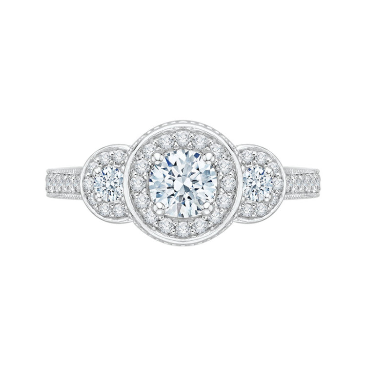 Diamond Three-Stone Halo Engagement Ring in 14K White Gold
