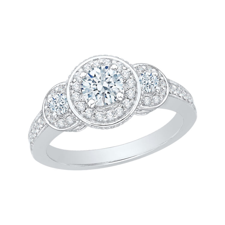 Diamond Three-Stone Halo Engagement Ring in 14K White Gold