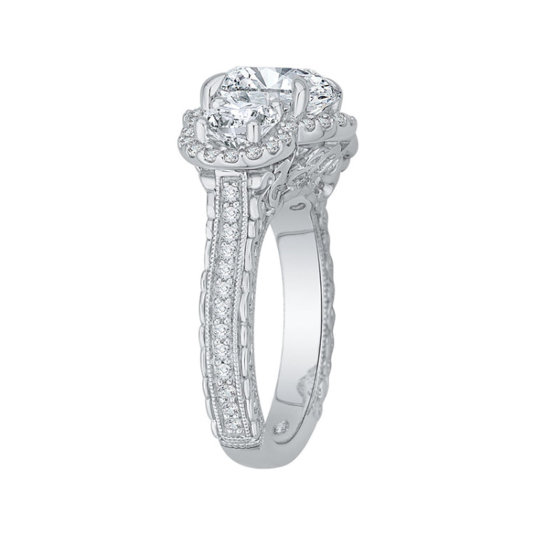 Diamond Three-Stone Halo Engagement Ring in 18K White Gold (Semi-Mount)
