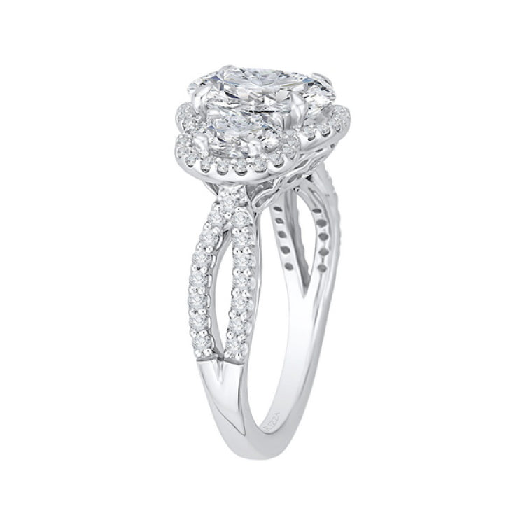 Split Shank Oval Cut Diamond Three-Stone Halo Engagement Ring in 18K White Gold (Semi-Mount)
