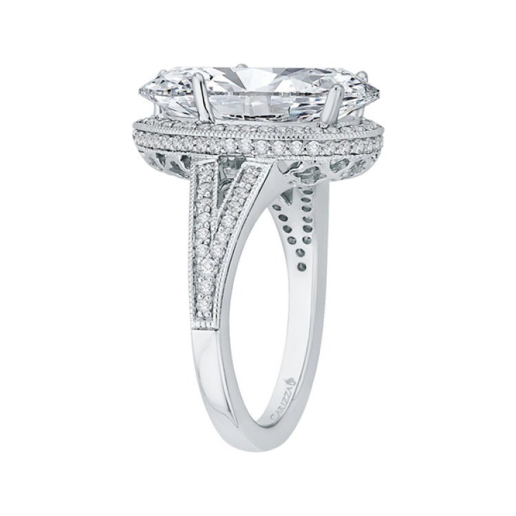 Split Shank Pear Cut Diamond Halo Engagement Ring in 18K White Gold (Semi-Mount)