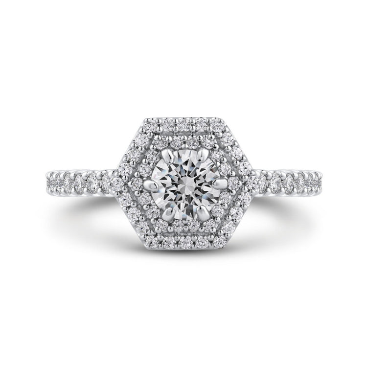 Round Diamond Hexagon Shape Double Halo Engagement Ring in 14K White Gold