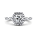 Round Diamond Hexagon Shape Double Halo Engagement Ring in 14K White Gold