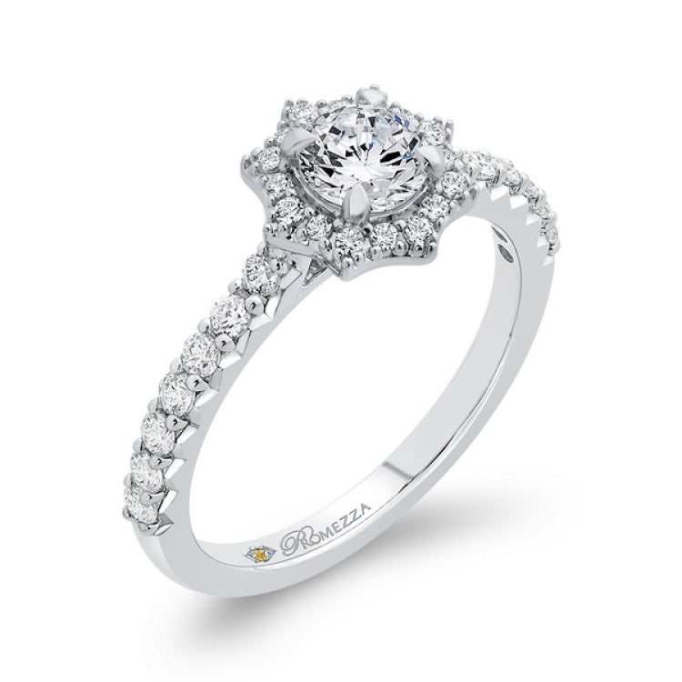 Round Diamond Floral Halo Engagement Ring in 14K White Gold