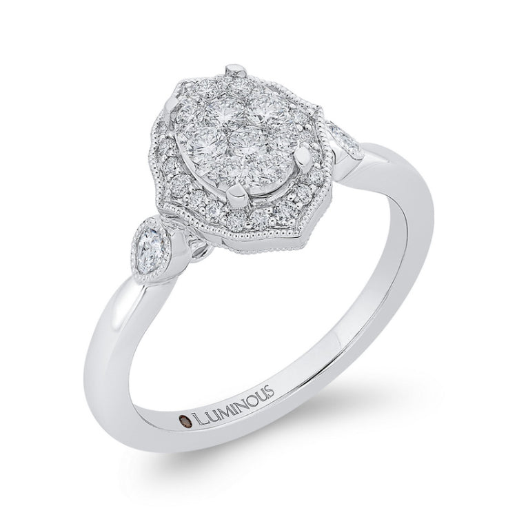 Round Diamond Oval Shape Halo Engagement Ring in 14K White Gold