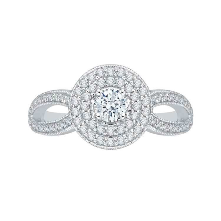 Round Diamond Double Halo Engagement Ring with Split Shank In 14K White Gold