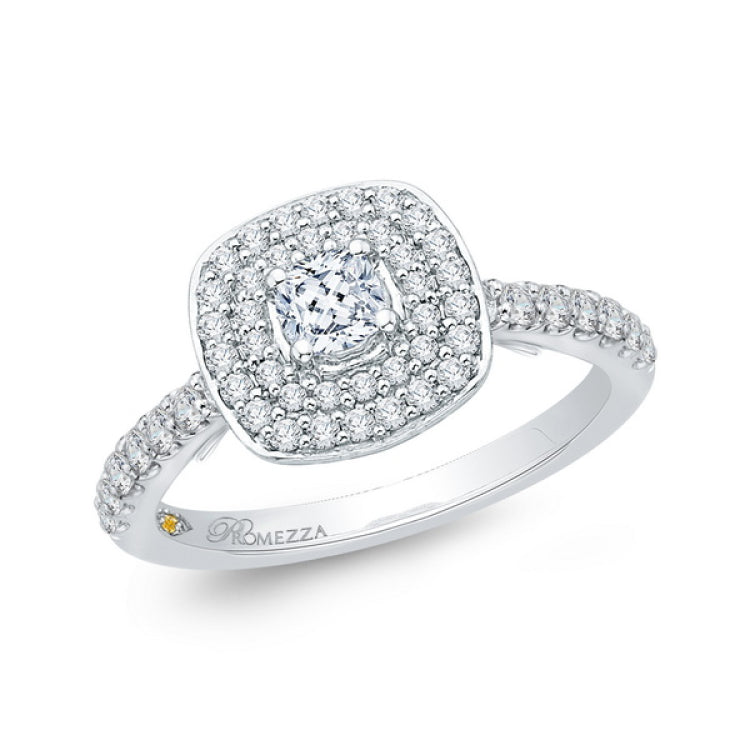 Cushion Cut Diamond Double Halo Engagement Ring in 14K White Gold