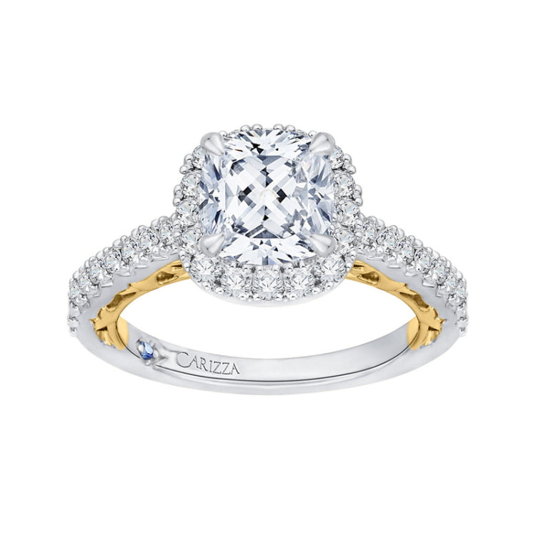 Cushion Cut Diamond Halo Engagement Ring in 14K Two Tone Gold (Semi-Mount)