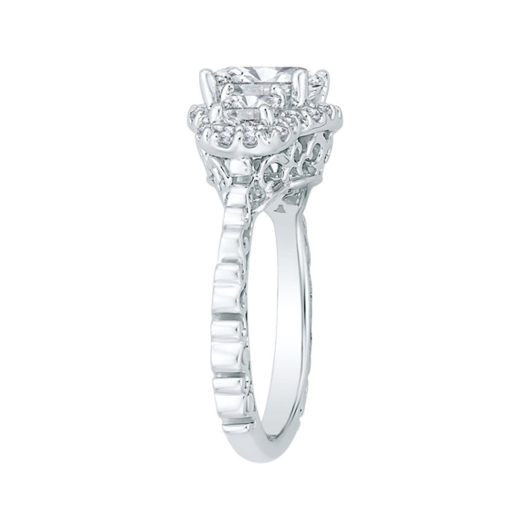 Cushion Cut Three-Stone Diamond Halo Engagement Ring in 18K White Gold (Semi-Mount)