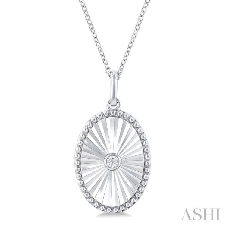 1/20 Ctw Oval fluted medallion Round Cut Diamond Pendant With Chain in Sterling Silver