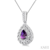 7X5 MM Pear Cut Amethyst and 1/20 Ctw Round Cut Diamond Semi-Precious Pendant With Chain in Sterling Silver