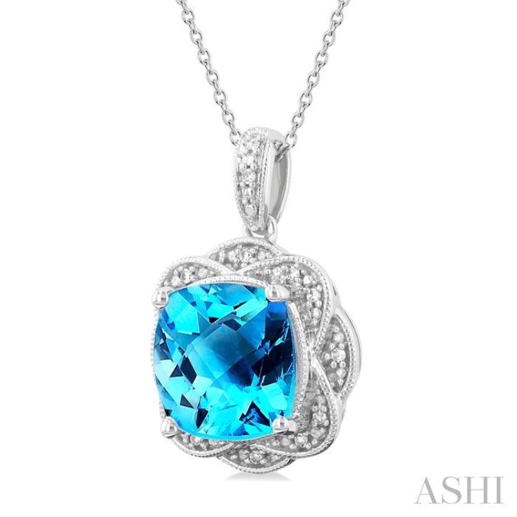 10X10 MM Cushion Shape Blue Topaz and 1/20 Ctw Round Cut Diamond Semi-Precious Pendant With Chain in Sterling Silver