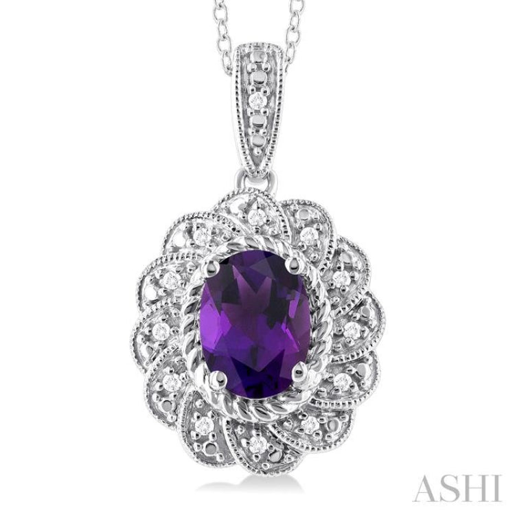 8X6 MM Oval Cut Amethyst and 1/20 Ctw Round Cut Diamond Semi-Precious Pendant With Chain in Sterling Silver