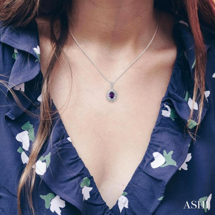 8X6 MM Oval Cut Amethyst and 1/20 Ctw Round Cut Diamond Semi-Precious Pendant With Chain in Sterling Silver
