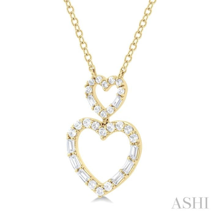 1/3 Ctw Twin Heart Fusion Baguette and Round Cut Diamond Pendant With Chain in 10K Yellow Gold