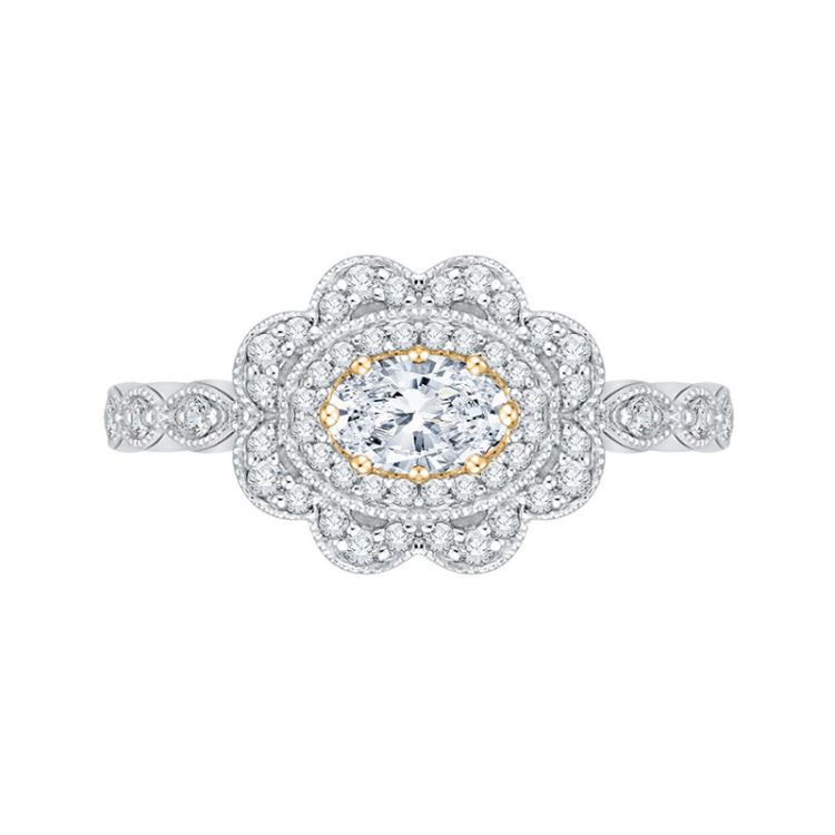 Oval Cut Diamond Floral Halo Engagement Ring in 14K Two Tone Gold