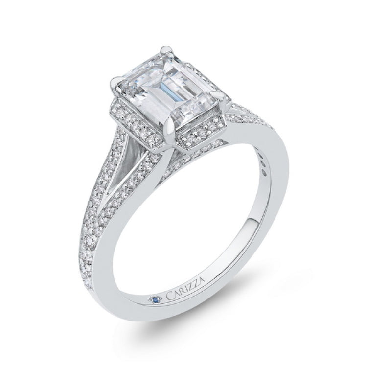 Split Shank Emerald Cut Diamond Cathedral Style Engagement Ring in 14K White Gold (Semi-Mount)