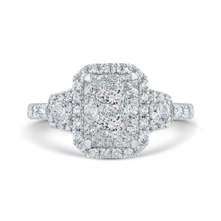 Round Diamond Emerald Shape Halo Engagement Ring in 14K White Gold