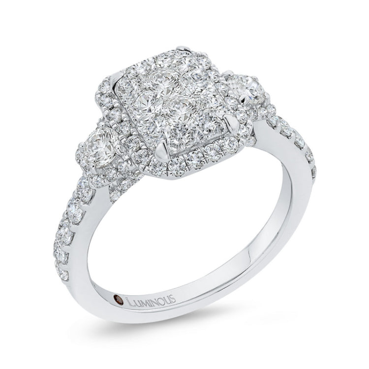 Round Diamond Emerald Shape Halo Engagement Ring in 14K White Gold