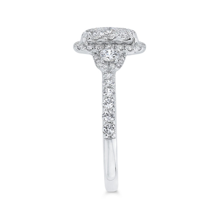 Round Diamond Emerald Shape Halo Engagement Ring in 14K White Gold