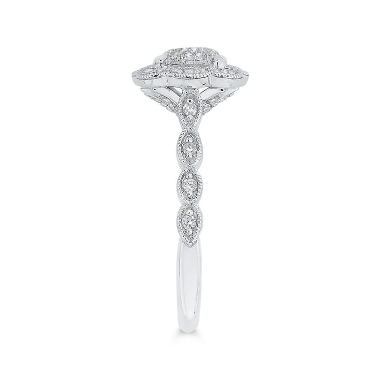 Euro Shank Round Diamond Emerald Shape Halo Engagement Ring in 14K White Gold