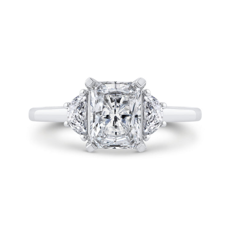 14K White Gold Three Stone Engagement Ring Center Radiant with Half-moon sides Diamond