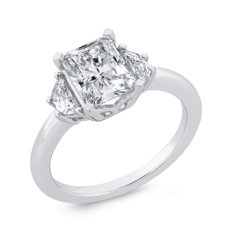 14K White Gold Three Stone Engagement Ring Center Radiant with Half-moon sides Diamond