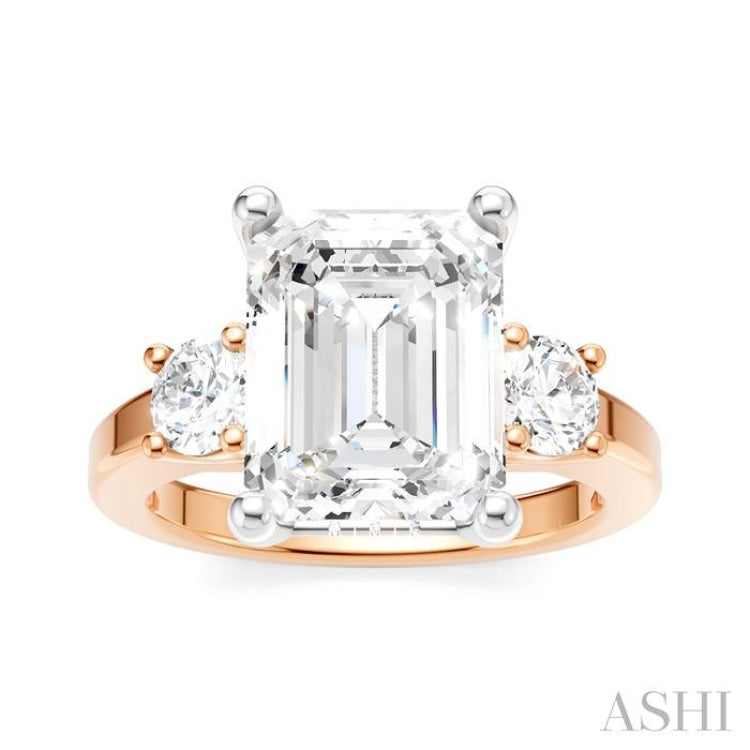 1/2 Ctw Tri-Mount Emerald Shape Center Round Cut Diamond Semi-Mount Engagement Ring in 14K Rose and White Gold