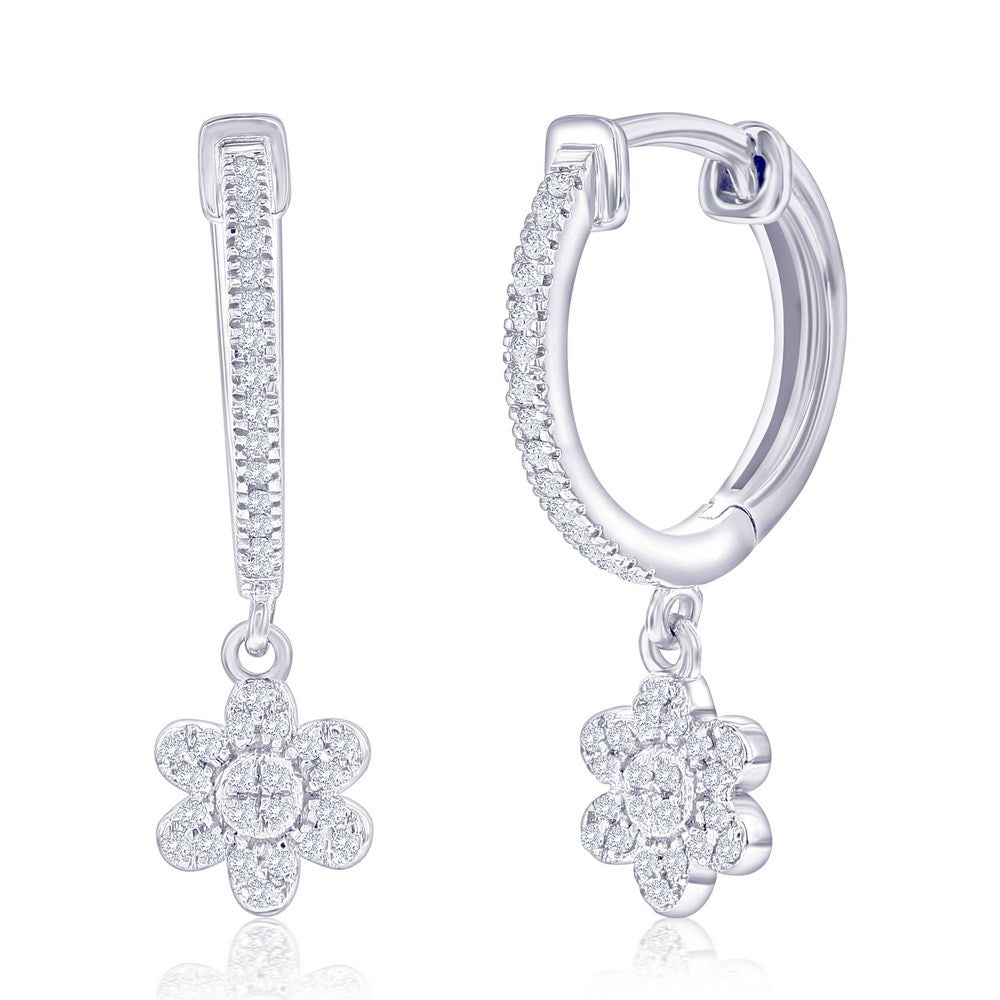 Sterling Silver Flower Charm Diamond Huggies - (74 Stones)