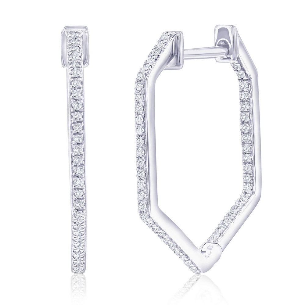 Sterling Silver, Geometric Diamond Hoop Earrings - (94 Stones)