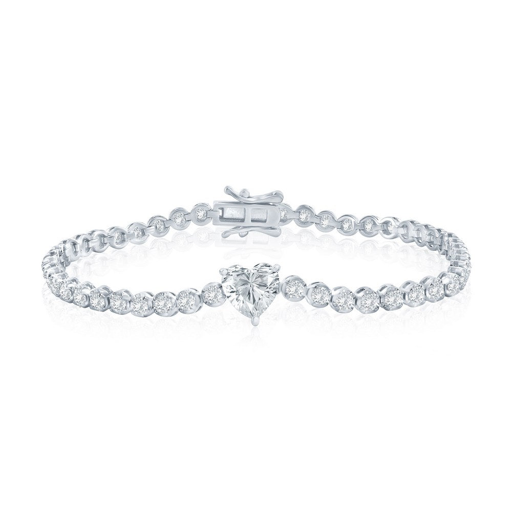 Sterling Silver, Heart & Round CZ Tennis Bracelet