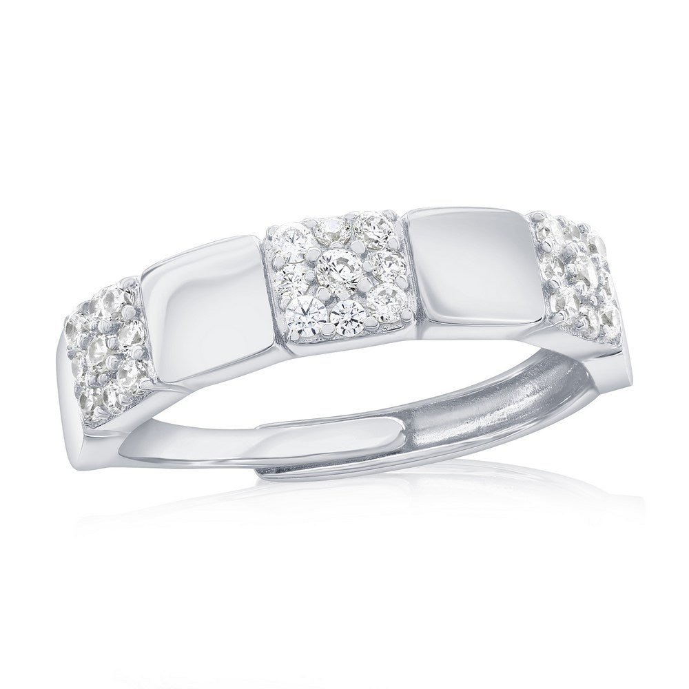 Sterling Silver, Square Polished & Pave CZ Half Eternity Ring