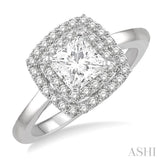 3/4 ctw Princess & Halo Round Cut Diamond Ladies Engagement Ring With 1/2 ctw Princess Cut Center Stone in 14K White Gold