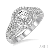 1 1/10 Ctw Double Halo Diamond Engagement Ring with 1/2 Ct Round Cut Center Diamond in 14K White Gold