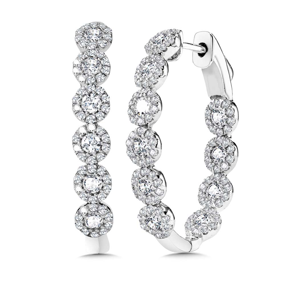 14K White Gold Cluster Diamonds Hoops