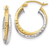 10 Karat Two Tone Gold Diamond Cut Hinged Hoop Earrings 16x4mm