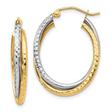 10 Karat Two Tone Gold Textured Hinged Hoop Earrings 29x4mm