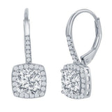 Sterling Silver Cushion Cut Cubic Zirconia Center with Halo Dangle Earrings