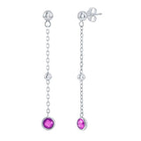 Sterling Silver Bezel Cubic Zirconia and Bead Chain Ruby Dangle Earrings