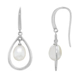 Sterling Silver-Rhodium Plated 36.5x14.5mm Open Teardrop with 7-7.5mm Freshwater Cultured Pearl Dangle Earrings