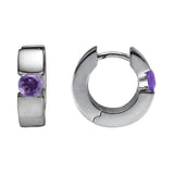 Sterling Silver-Rhodium Plated 14.5x4.5mm Squared Edged Huggie Hoops with 4mm Amethyst Earrings