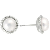Sterling Silver-Rhodium Plated 11.2x8-8.5mm Freshwater Cultured Pearl Stud Earrings with a Beaded Edge