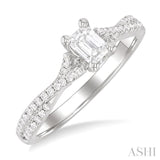 1/2 Ctw Criss Cross Shank Round Cut Diamond Engagement Ring With 1/3 Ct Emerald Cut Diamond Center Stone in 14K White Gold
