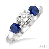 4.65 MM Round Shape Sapphire and 3/4 Ctw Past Present and Future Round Cut Diamond Precious Ring in 14K White Gold