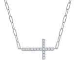 Sterling Silver 16+2" Cubic Zirconia Sideways Cross Paperclip Necklace