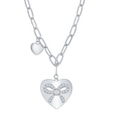 Sterling Silver Heart with Cubic Zirconia Border Ribbon Paperclip Necklace 16+2