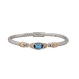Sterling Silver Elegant Bangle 7" Bracelet 10 Lab Grown Diamonds=0.10 Carat 10X6mm Blue Topaz