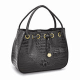Luixury Giftware by Jere Top Grain Leather Croc Texture Black Drawstring Magnetic Snap Handbag with 2 Slip Pockets, 2 Pen Pockets, Key Fob
